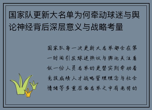 国家队更新大名单为何牵动球迷与舆论神经背后深层意义与战略考量